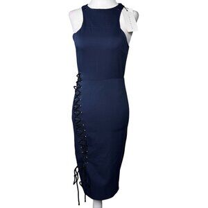 NWT Lavish Alice Womens Dress Size 8 Navy Sleeveless Bodycon Midi Dress Lace-Up
